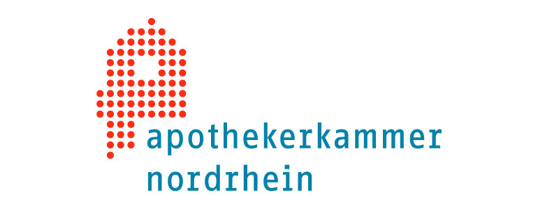 Abgebildet ist das Logo der Apothekerkammer Nordrhein: Ein rotes Apotheker-A in Pünktchen neben einem blauen Schriftzug.