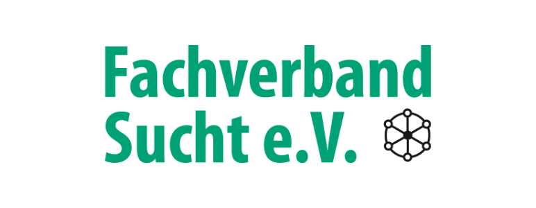 Abgebildet ist das Logo des Fachverbandes Sucht e.V. Grüne Schrift neben einem Zeichen für Vernetztheit, einem aus kleinen Kreisen bestehenden Kreis, die untereinander vernetzt  sind.