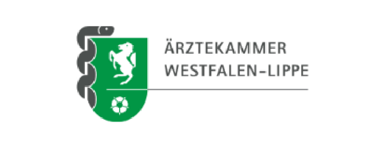 Es ist das Wappen der Ärztekammer Westfalen-Lippe abgebildet, ein grünes Wappen mit dem NRW-Pferd und ein schwarzer Aeskulab-Stab neben dem Schriftzug.